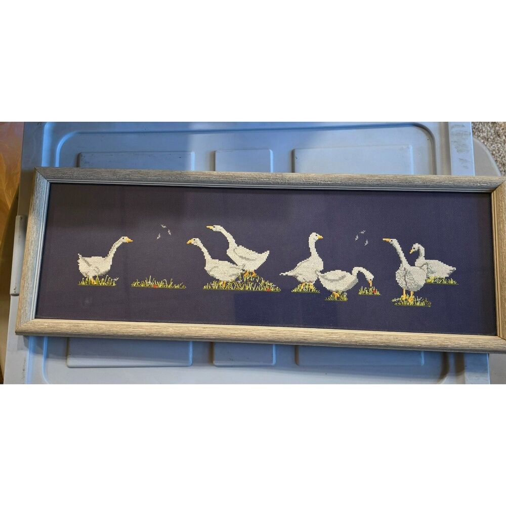 Vintage 1980s Dale Burdett Gander Band Geese Framed Cross Stitch Finished Sealed